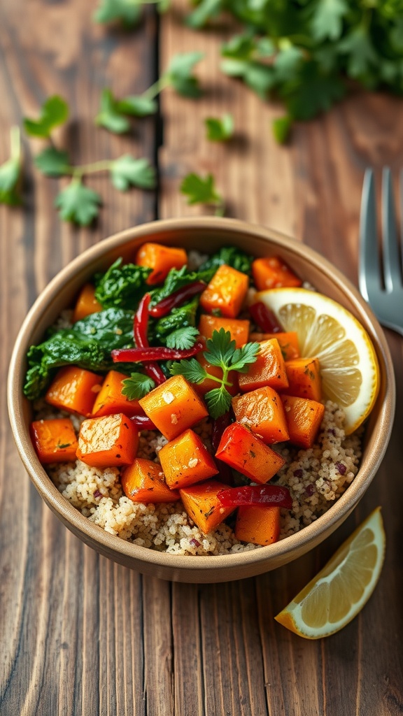 A colorful Whole30 quinoa bowl with roasted vegetables and fresh herbs on a rustic table.